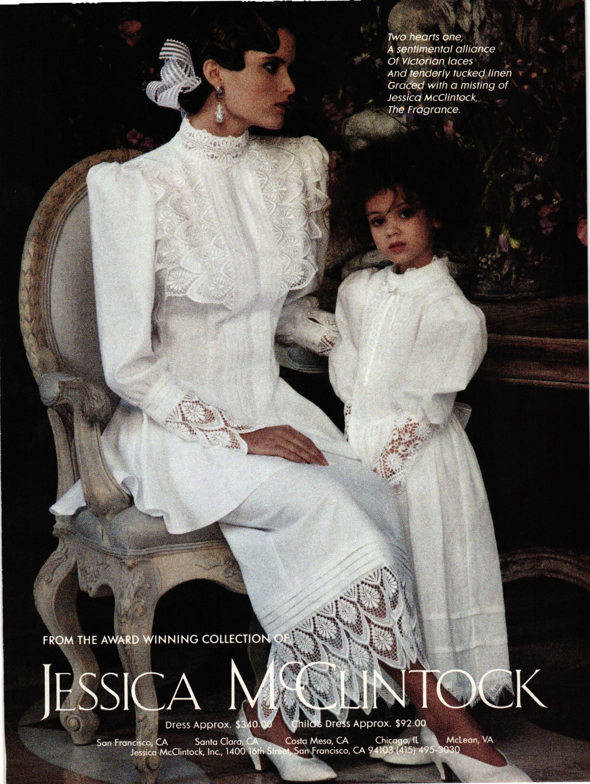 80s Print Ad Jessica McClintock White Lace Dresses Victorian Lady & Child 526