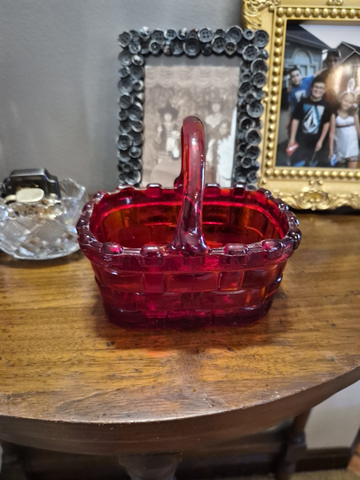 Vintage Older Ruby Amberina Basket with Applied Handles UV Reactive Glass