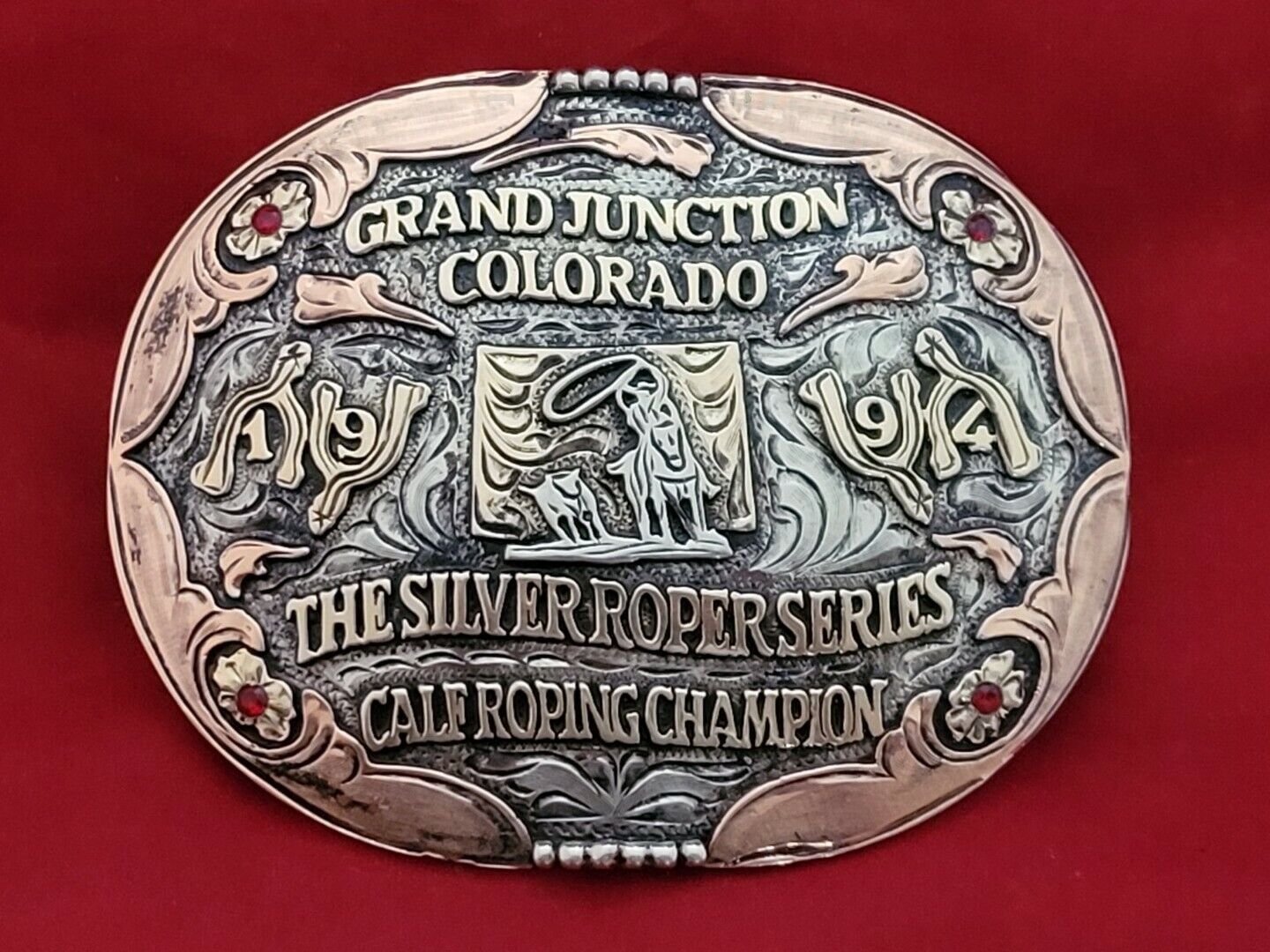 TROPHY RODEO CHAMPION BELT BUCKLE☆1994☆GRAND JUNCTION CO. CALF ROPING VINTAGE 40