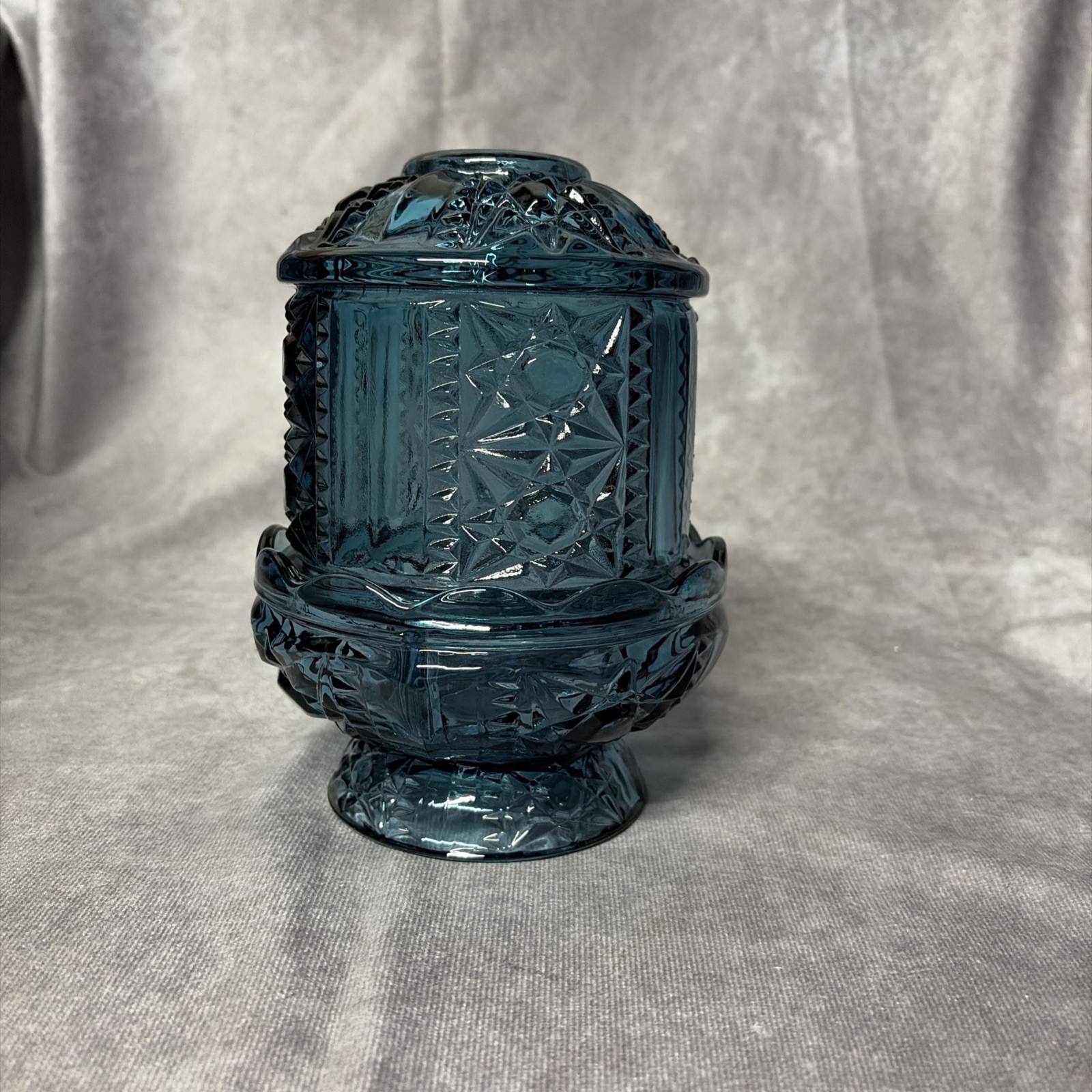 Vintage Indiana Glass Stars & Bars Fairy Lamp Colonial Blue 6.5 Inches Mint