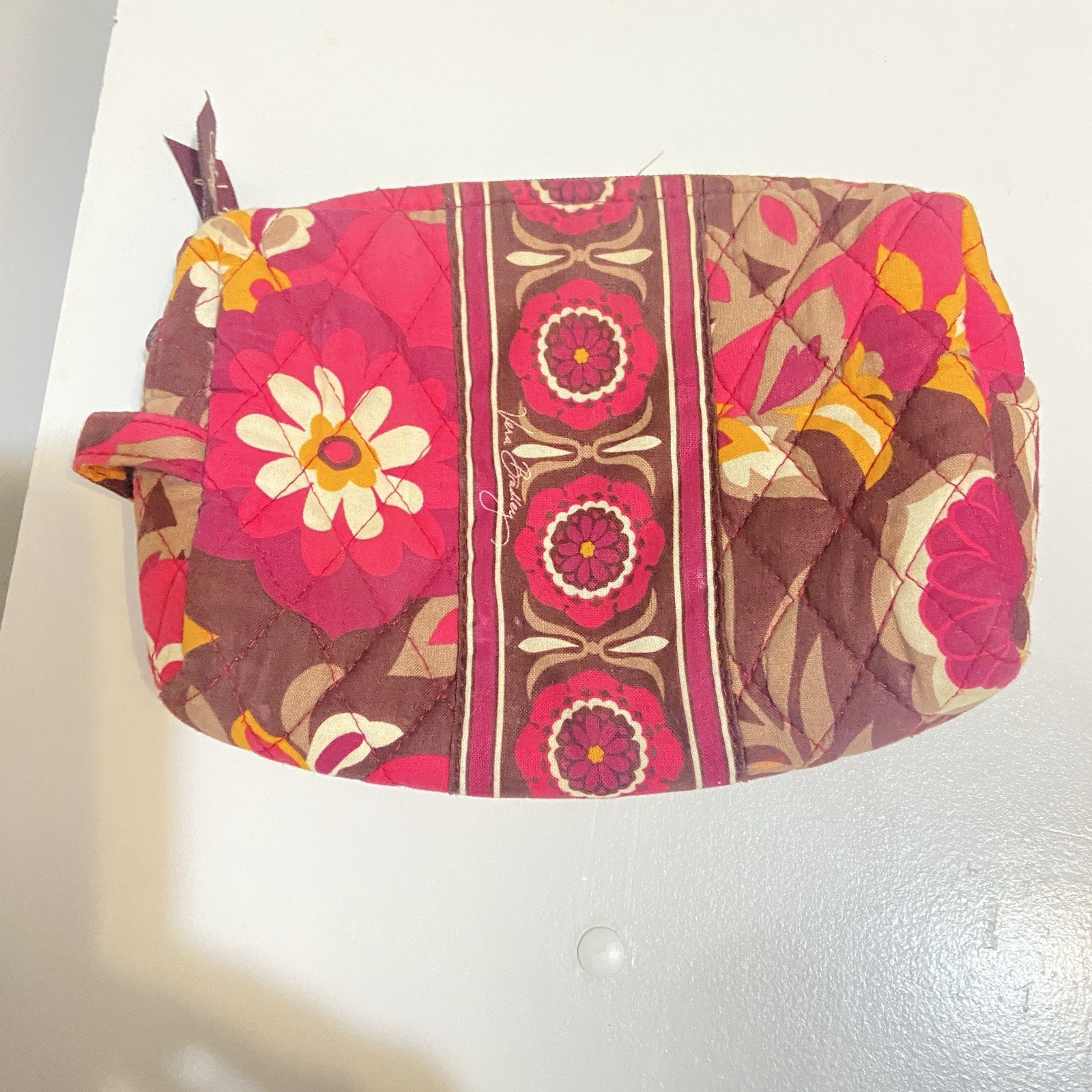 Vera Bradley Lg Quilted Carnaby Cosmetic Bag Retro Floral Pink Orange Brown 8”