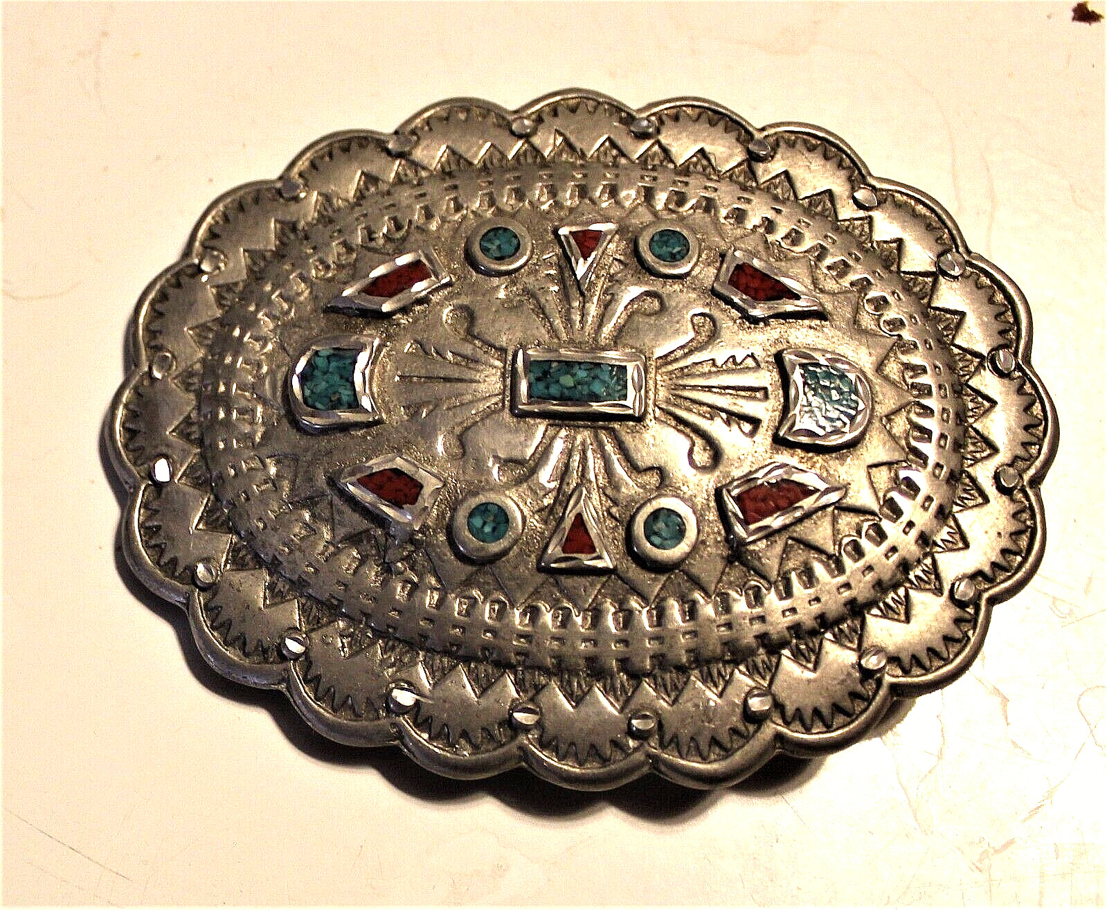 Large Southwestern Gent\'s Belt Buckle, Silver-Toned, Turq. and Coral Accents