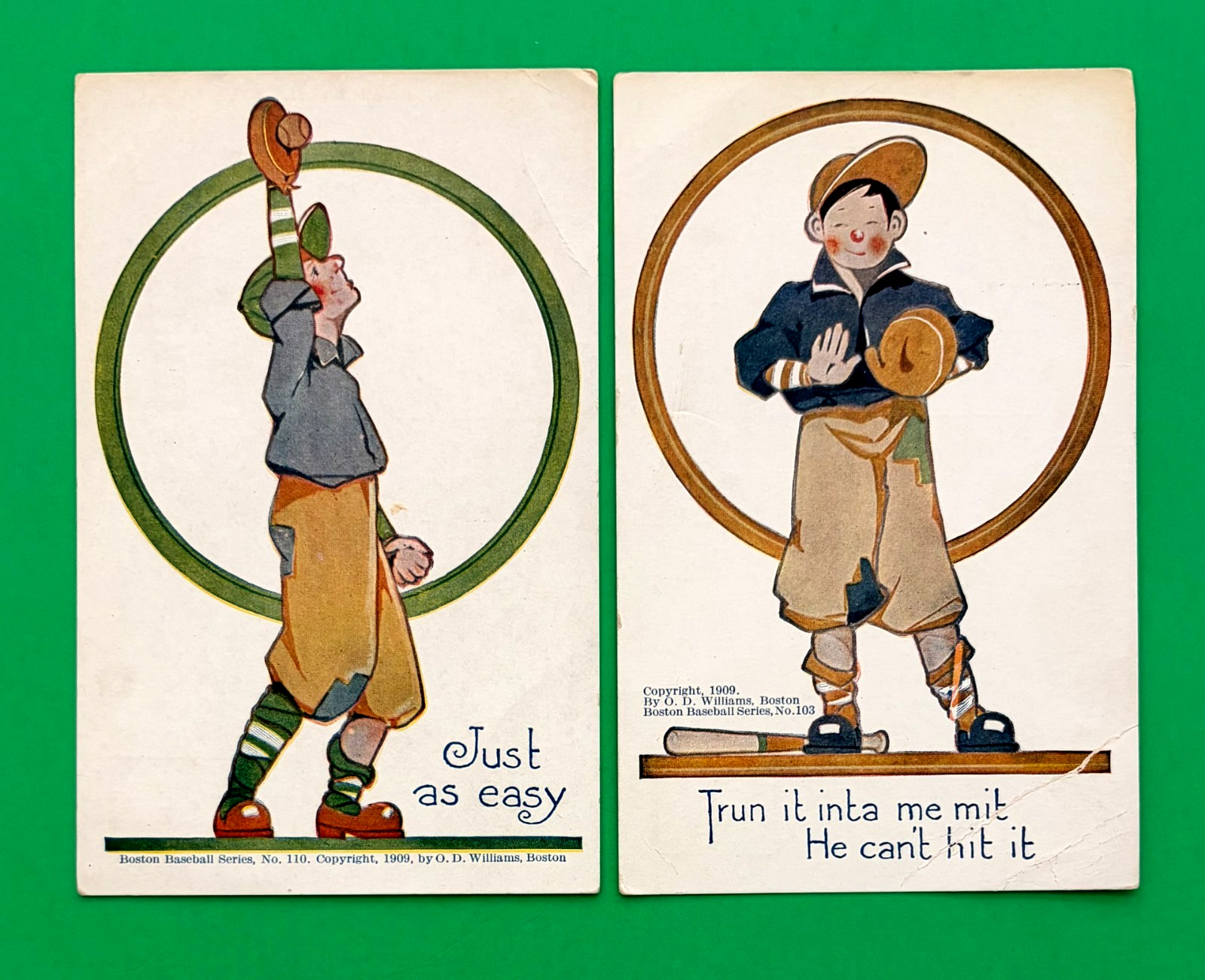 1909 BOSTON BASEBALL SERIES 2 POSTCARDS #103 & #110 BY O.D. WILLIAMS