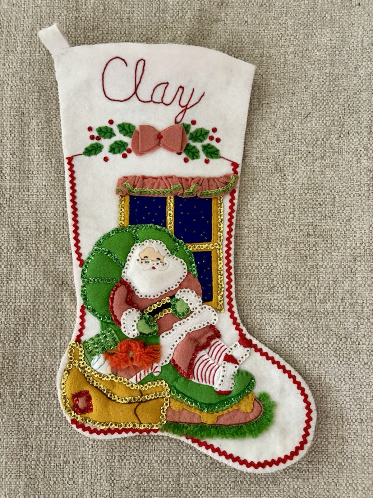 VTG Beaded Sequined Felt Christmas Stocking Puffed Santa Handmade