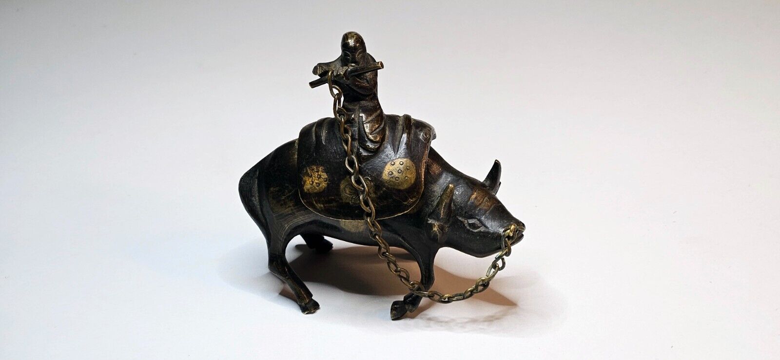 CHINESE BRONZE BULL BUFFALO OX AND A HERDSMAN FLUTE PLAYER CENSER INCENSE BURNER