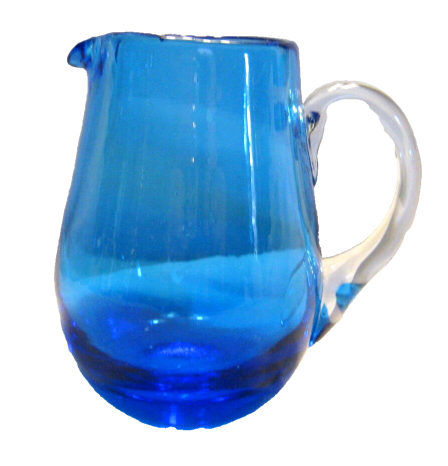 Unbranded Blue Glass Miniature Creamer Pitcher with Clear Glass Handle Vintage