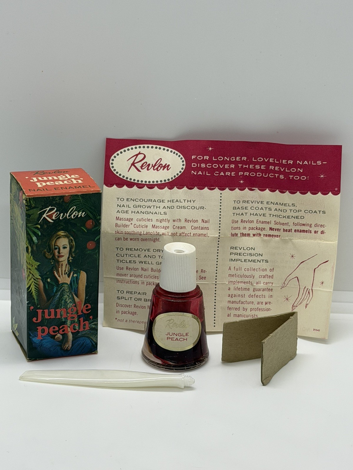 Vintage Revlon Jungle Peach Nail Polish 1/2 Oz Bottle w/ Box Inserts 1950s 1960s