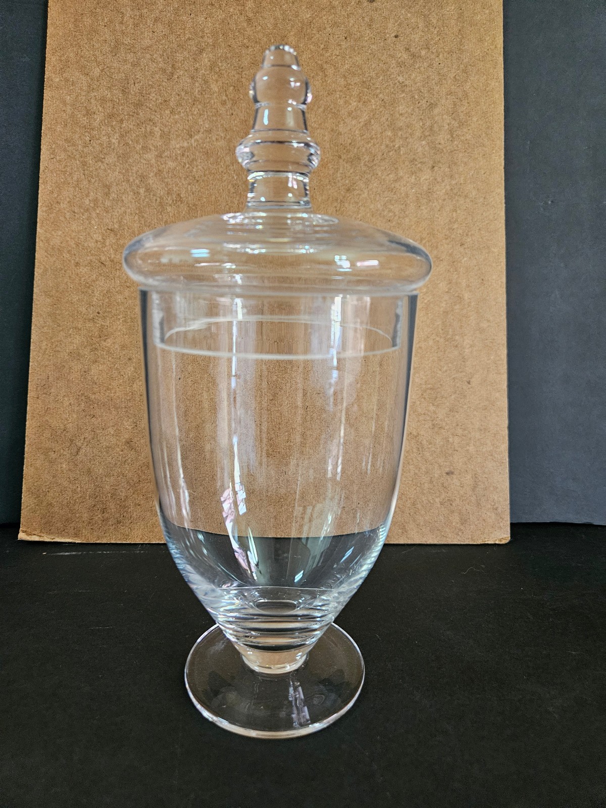 Apothecary Candy Jar Clear Glass Footed Plain Finial Lid Top 9 1/4\