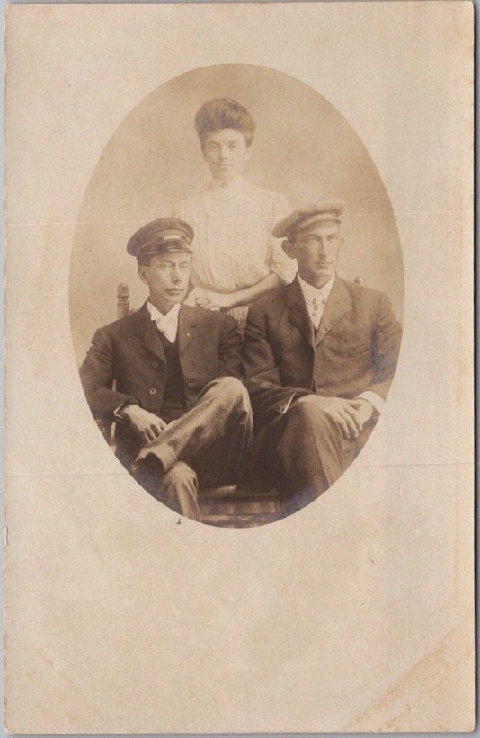 Vintage 1910s Studio Real Photo RPPC Postcard 2 Men & 1 Woman - 1910s Fashion