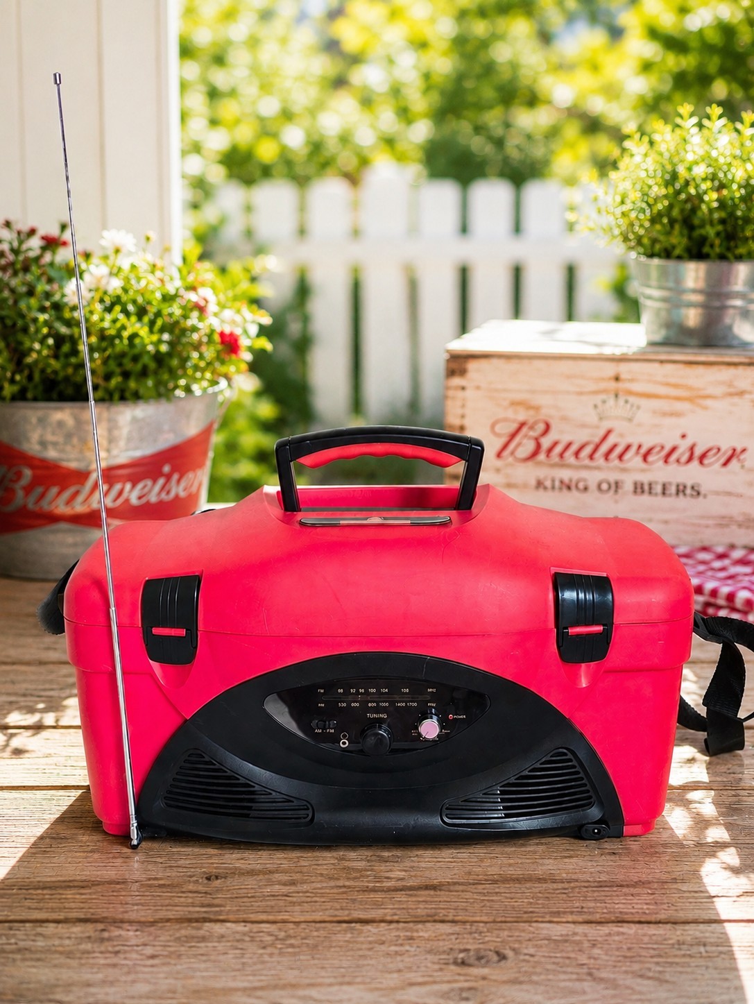 Vintage Budweiser Beer Cooler AM FM Radio Portable Ice Chest Red Tailgating