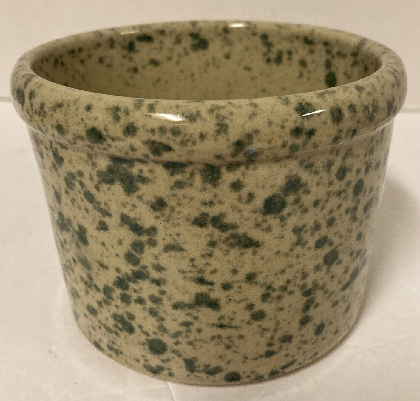 Vtg Western Stoneware Cheese Crock Monmouth, IL Green Speckled 3 1/2” X 4”