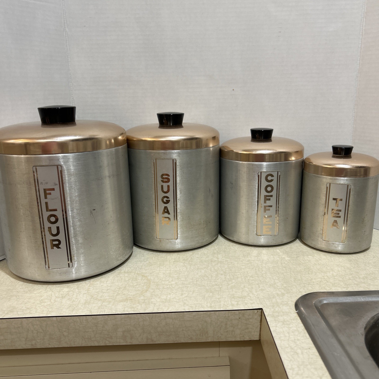 Vintage MCM Set of  4 Spun Aluminum Maid Of Honor Canisters with Copper Lids