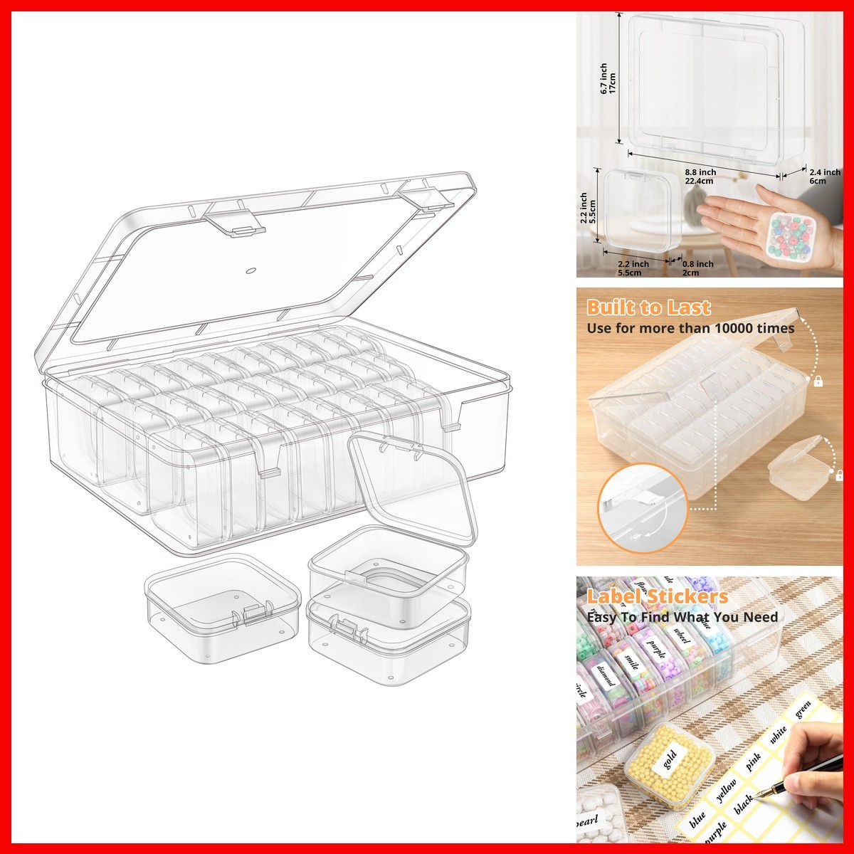 Mathtoxyz Bead Organizer Box 62Pcs Mini Clear Hinged Cases for Jewelry Craft