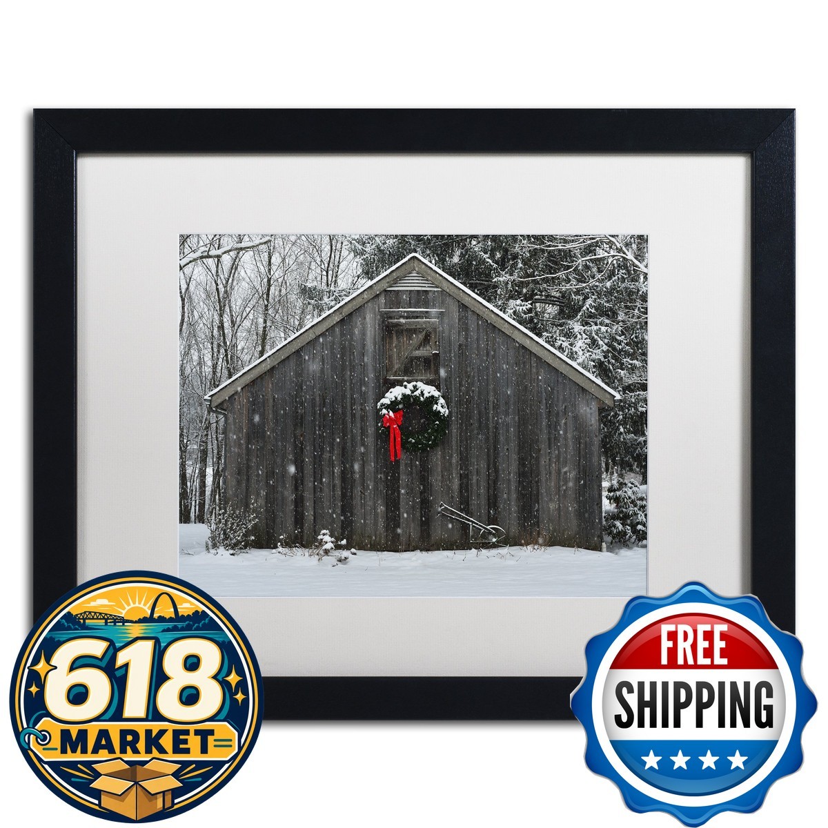Trademark Fine Art Christmas Barn in the Snow White Matted Black Frame 16x20