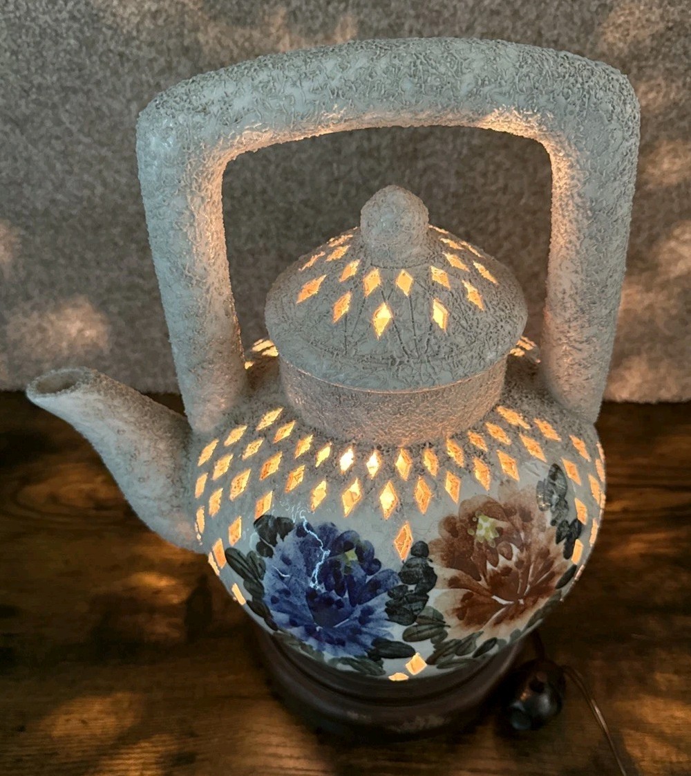 Vintage Chinese Blanc de Chine Reticulated Pierced Porcelain Teapot Lamp Floral