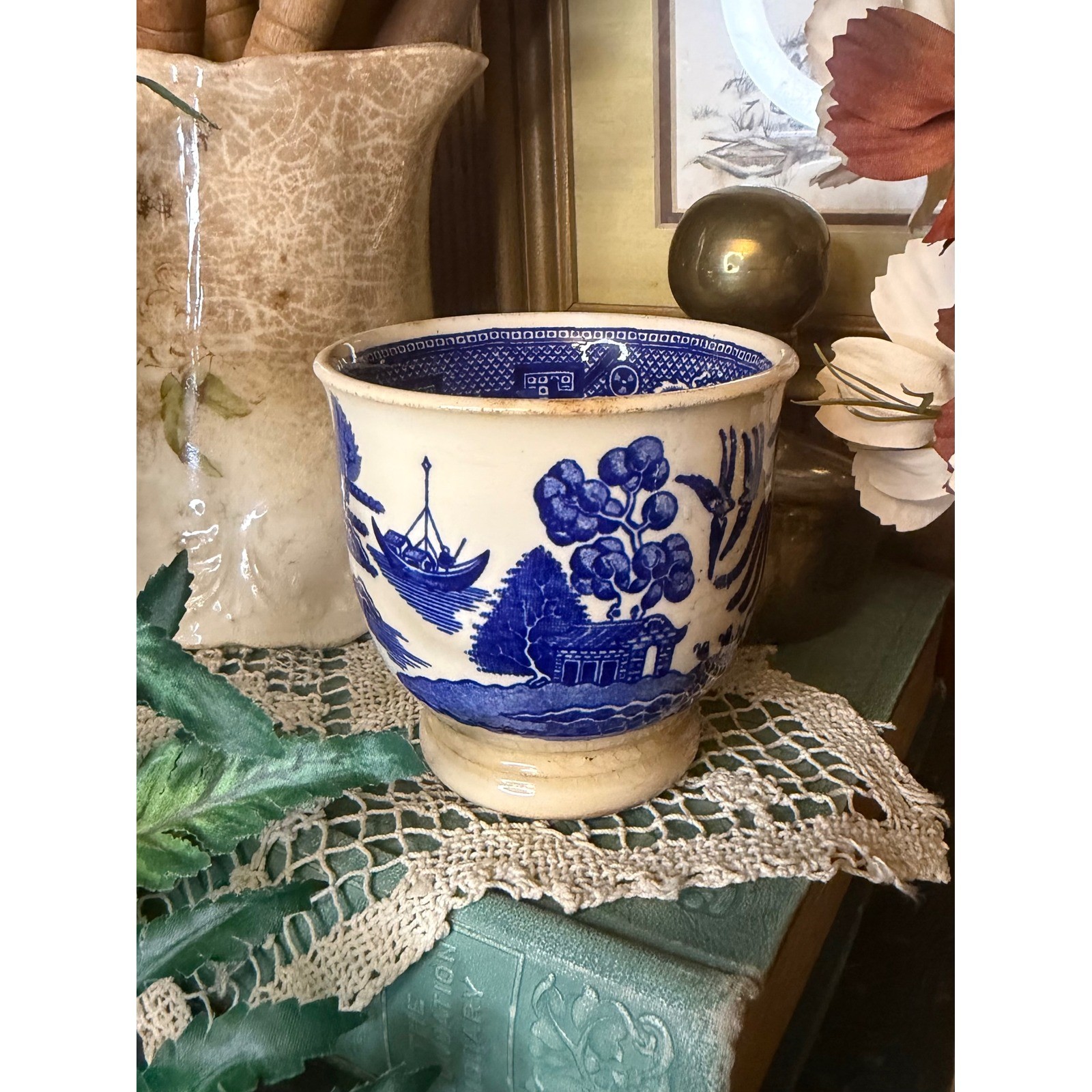 Antique Blue Willow Transferware Tea Cup Handleless Cobalt Chinoiserie Vessel