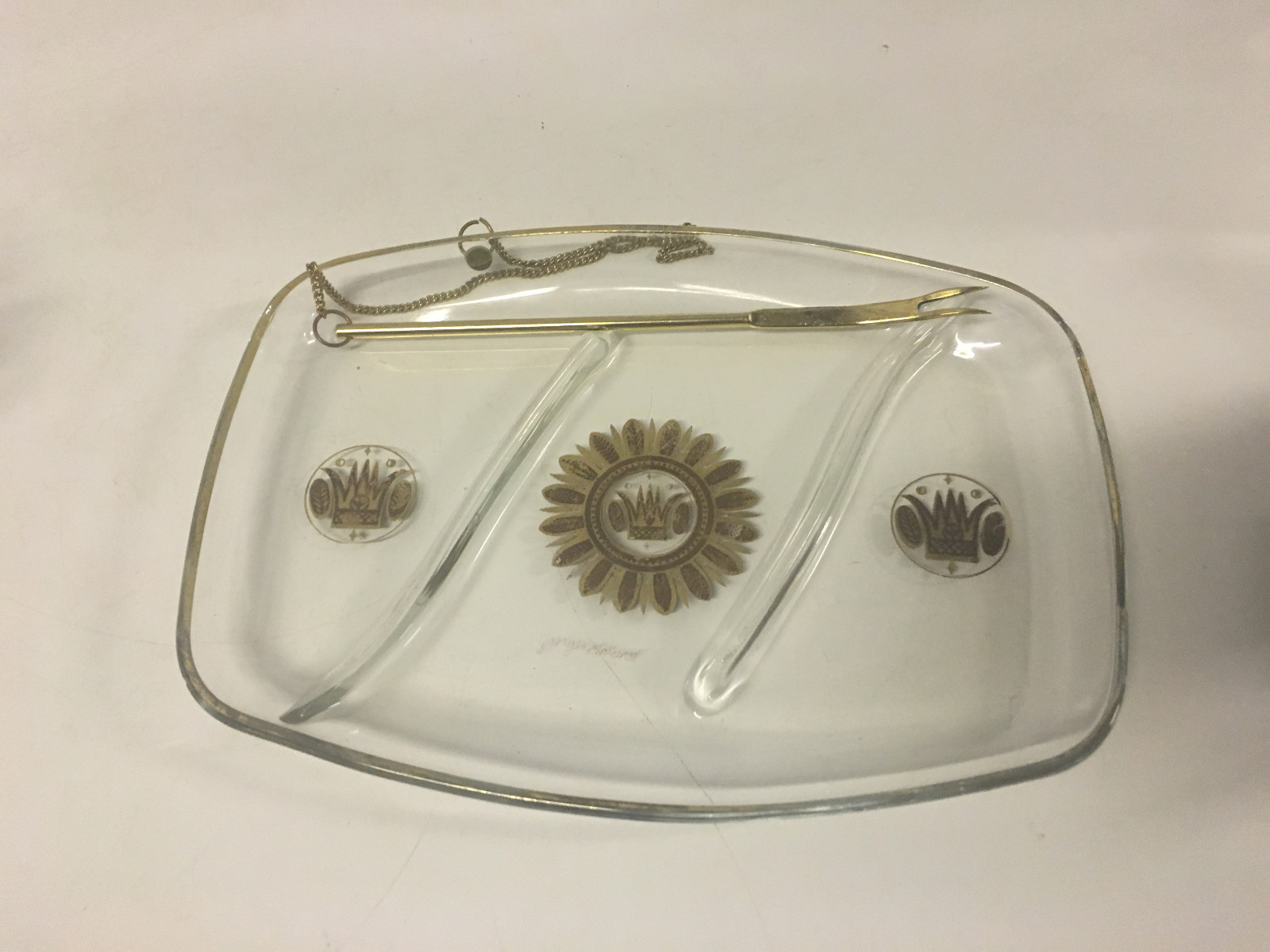 Vintage Mid Century Georges Briard Glass Cocktail Barware Tray w/ Fork / Pick