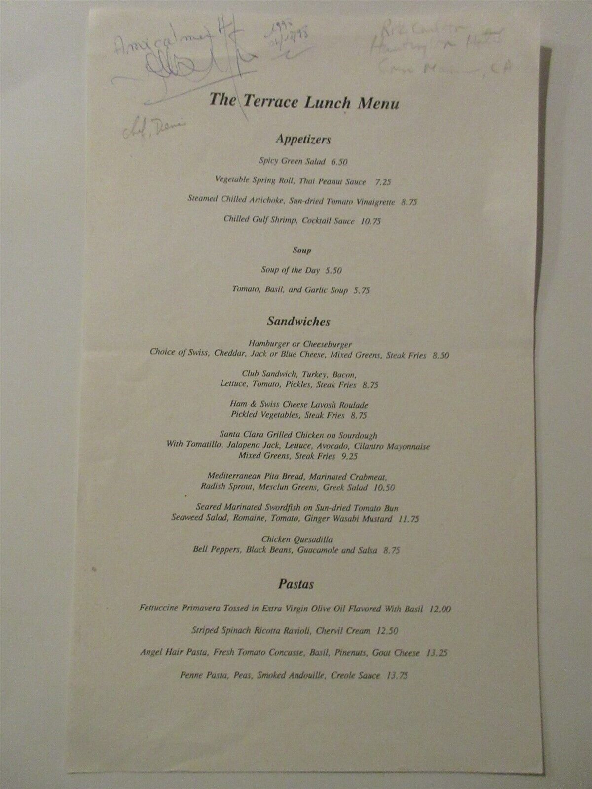 Ritz Carlton Huntington Hotel Terrance Lunch vintage Menu 1998 CA signed by Chef