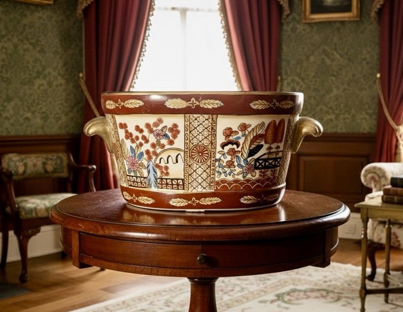 Large Vintage Chinese Gilded Oval Footbath Jardinière Planter C-1980 18”D 9Lbs