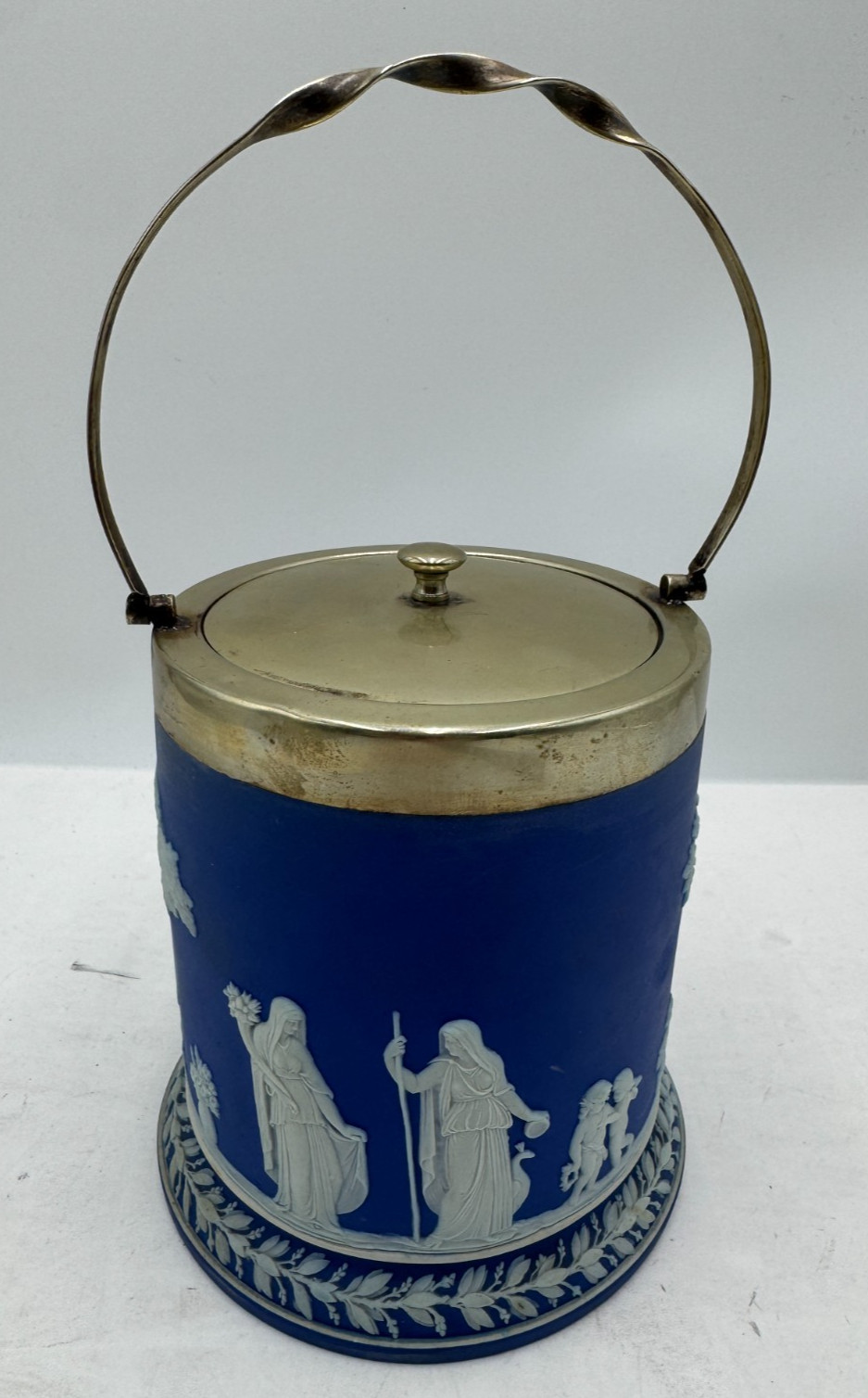 Wedgwood Blue Jasperware Biscuit Barrel Canister Brass Lid Handle Neoclassical