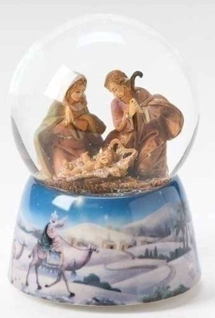 Nativity Snow Globe Featuring Camels and Holy Family Plays Silent Night 6 inch