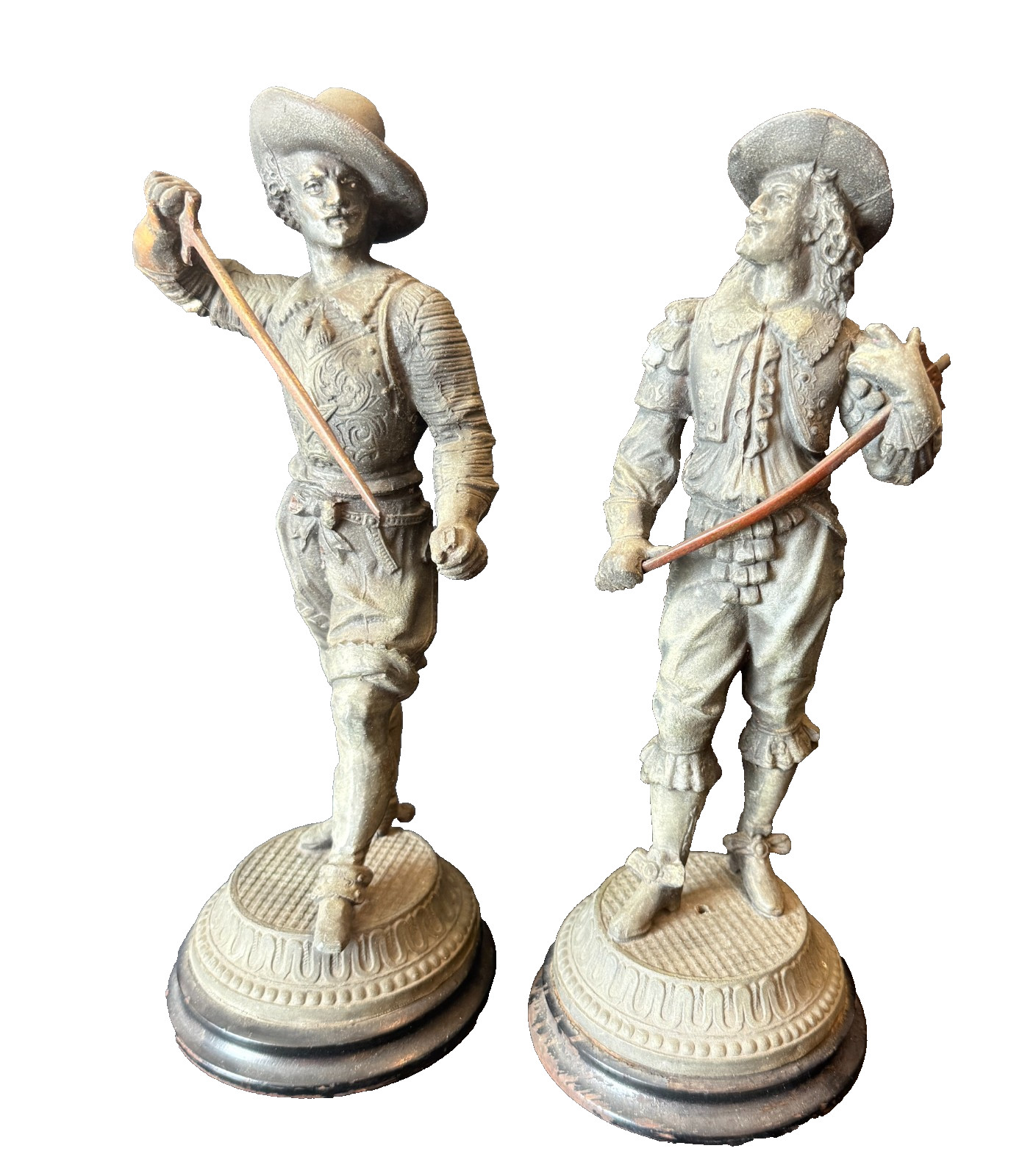 Pair of Antique Spelter Musketeer Cavalier Statues