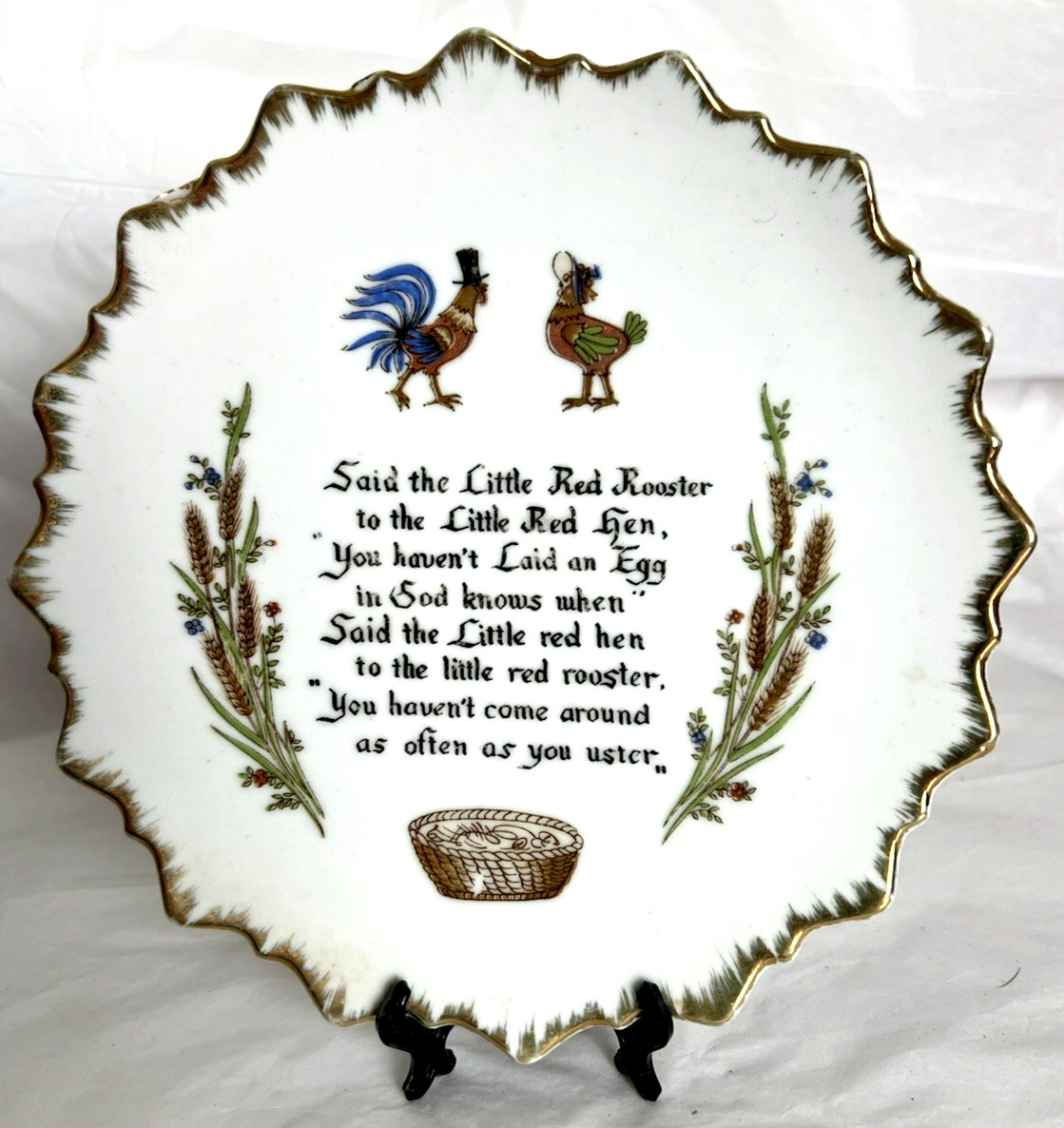 Vtg. ArtMark Little Red Rooster & Little Red Hen Chicken Decor Plate Japan