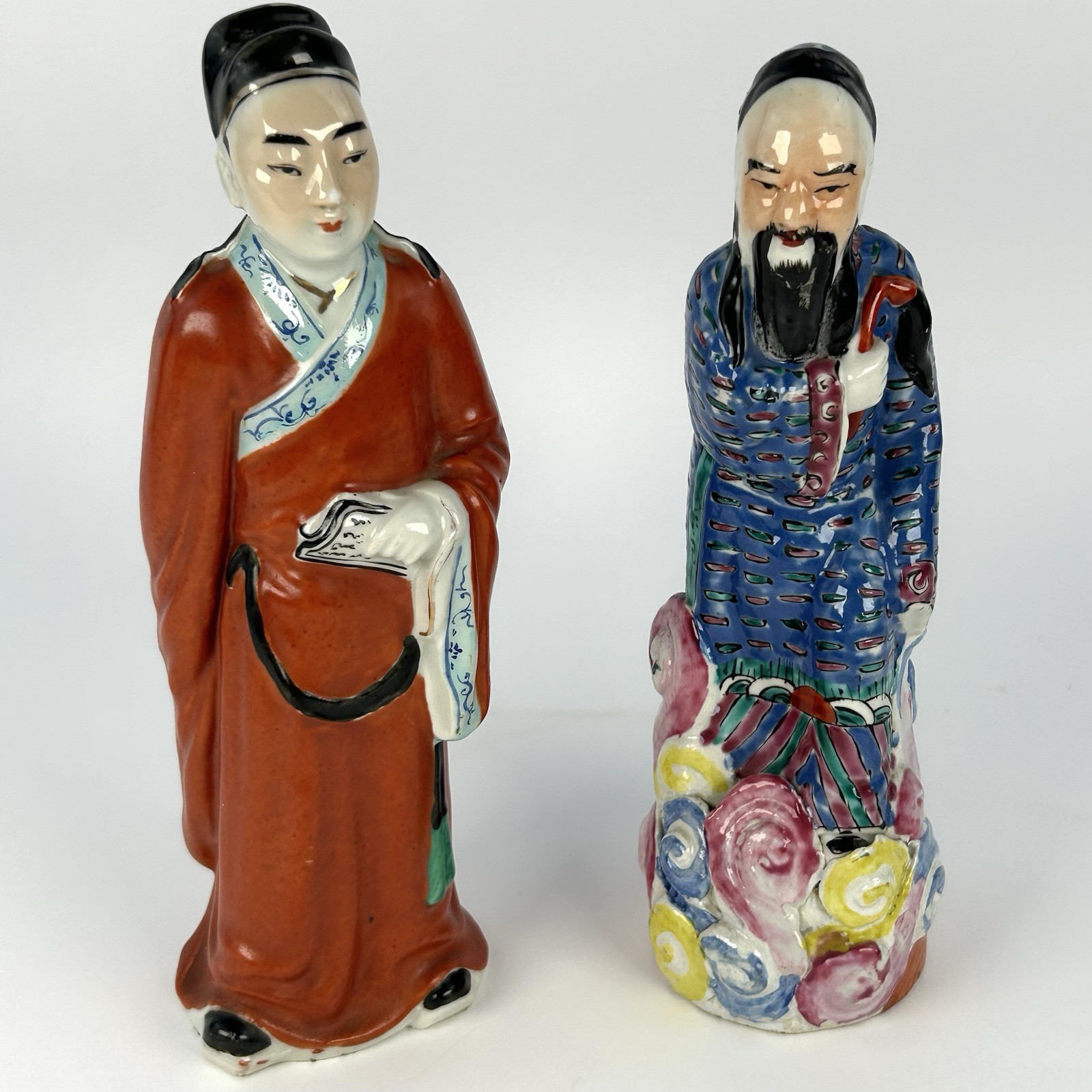 Chinese Ceramic Scholar Sage Figurines 9.5” Hand Painted CHINA Marked Pair Vtg