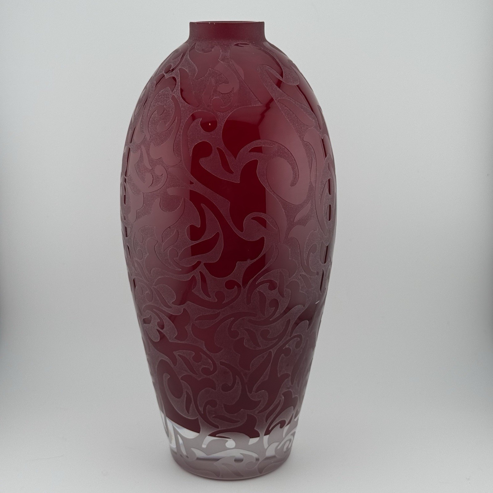 Vintage Signed Michael Weems Elise Cranberry Red Art Glass Vase 11” Frosted