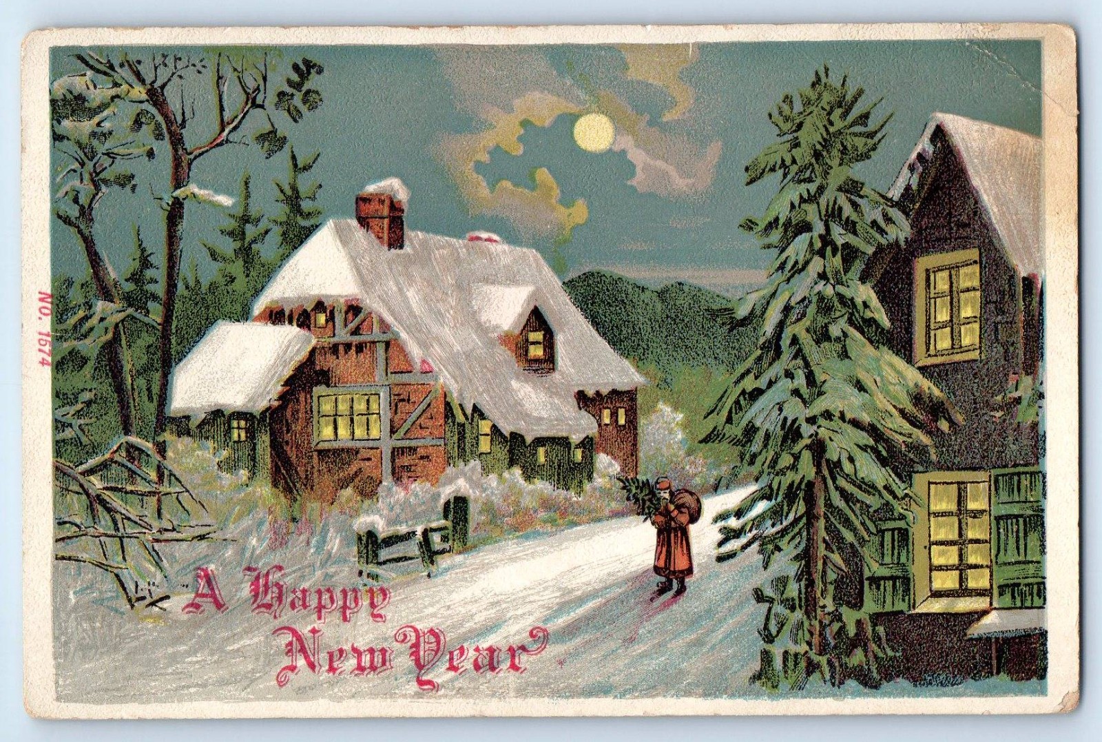 c1910\'s New Year House Scene Santa Claus With Sack Of Toys Winter Postcard