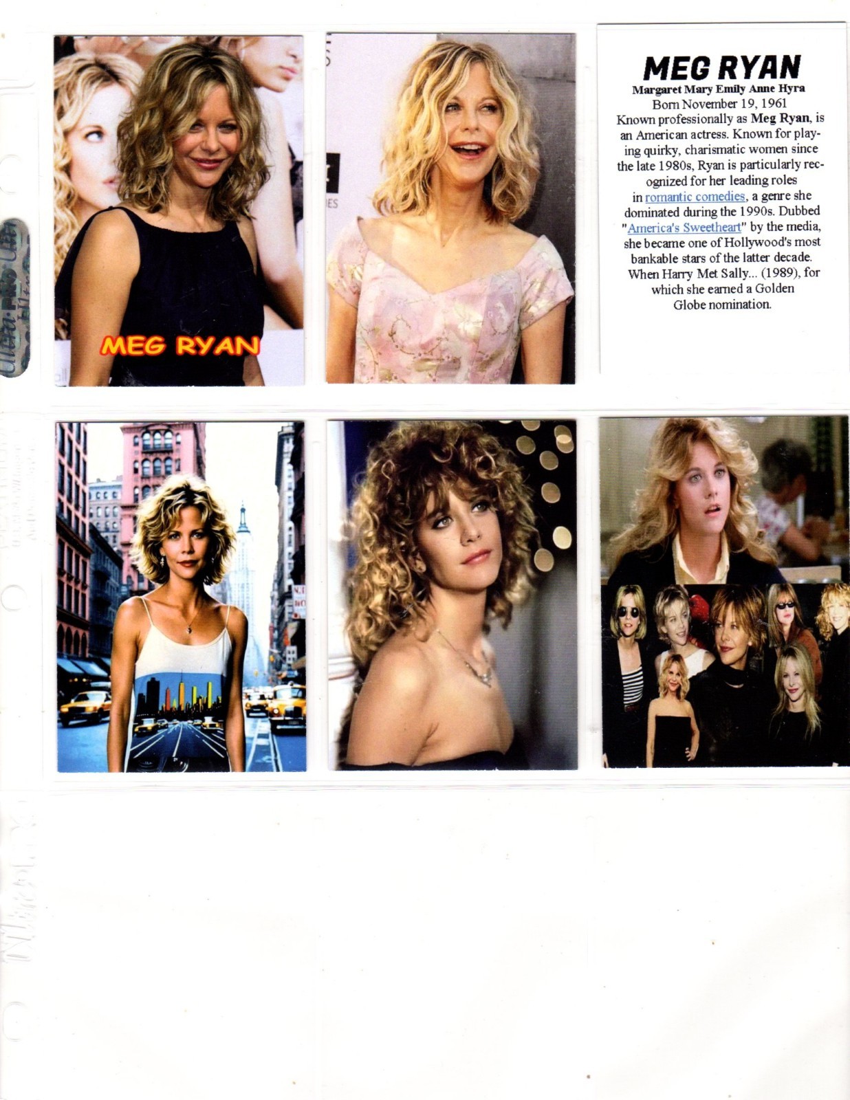 MEG RYAN    CUSTOM   NOVELTY TRADING CARD 6 CARDS   SET