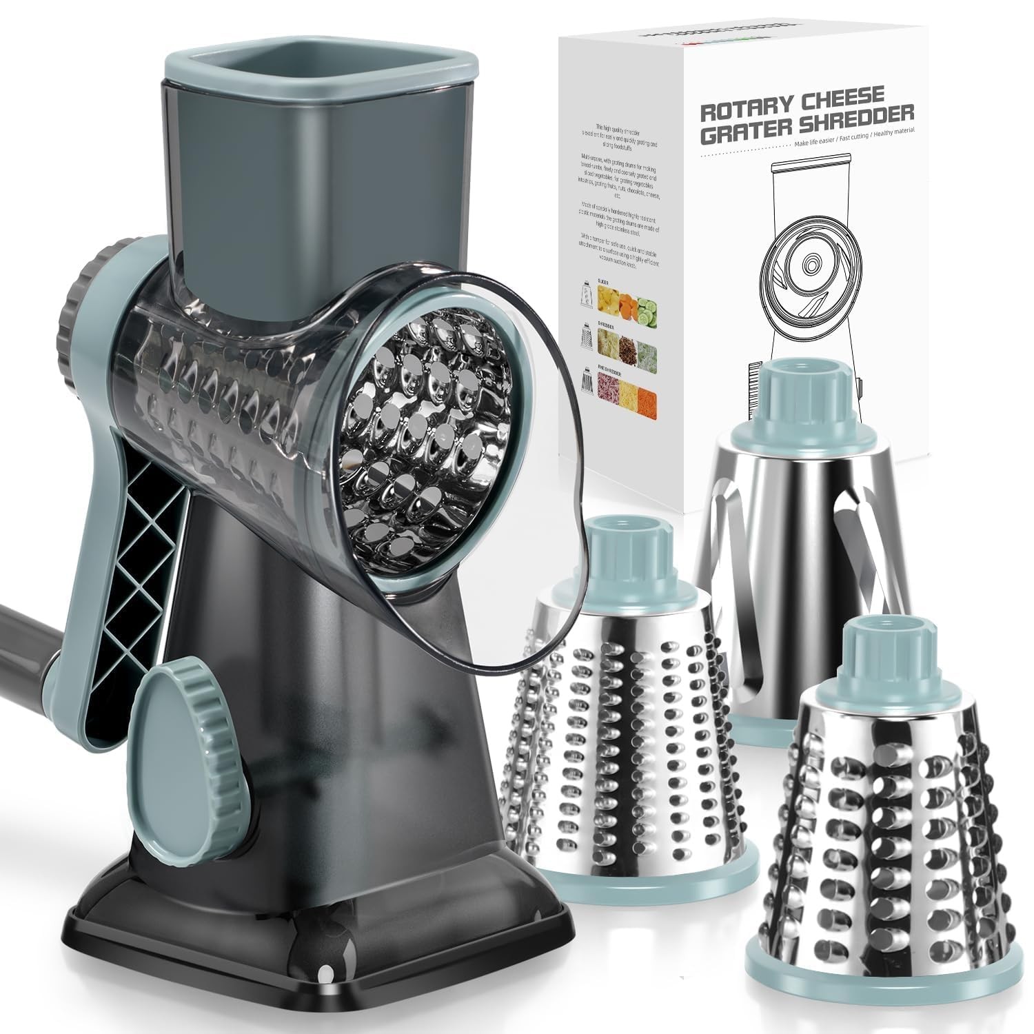 KEOUKE Rotary Cheese Grater Hand Crank Transparent - 3 IN 1, Grey Blue SP KEOUKE Rotary Cheese Grater Hand Crank Transparent - 3 IN 1, Grey Blue SP