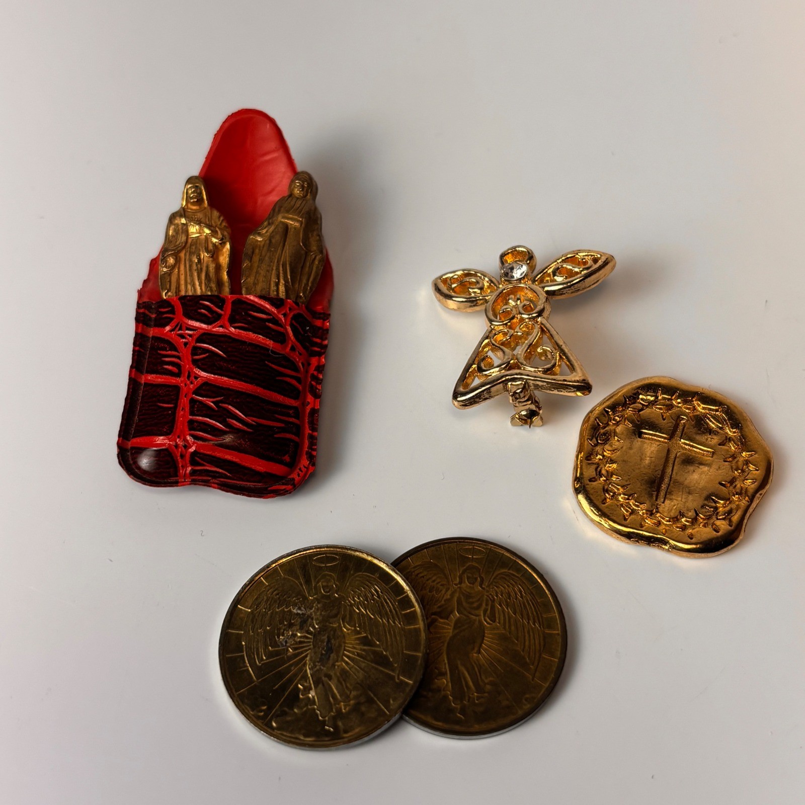 Vintage Religious Pocket Charms Gold Angel Cross Tokens Set Eclectic Spiritual
