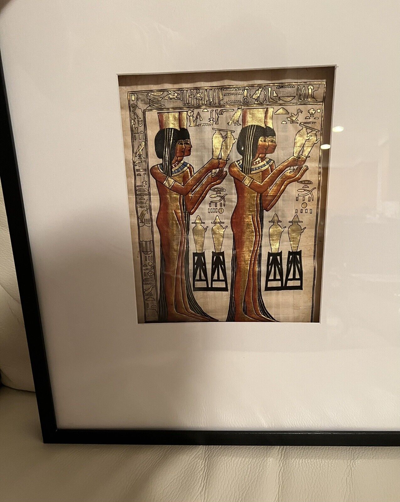 21”x17”  Framed Hand Painted Ancient Egyptian Papyrus,  Replica From Pyramids
