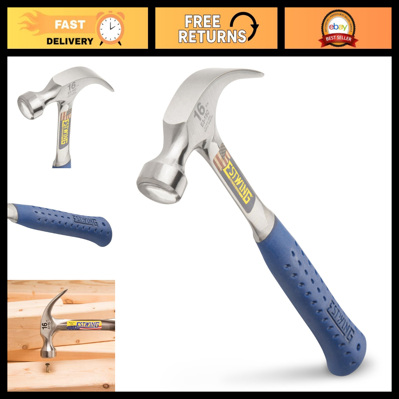16 oz Curved Claw Hammer, Smooth Face, Shock Reduction Grip, Heavy Duty Tool 16 oz Curved Claw Hammer, Smooth Face, Shock Reduction Grip, Heavy Duty Tool