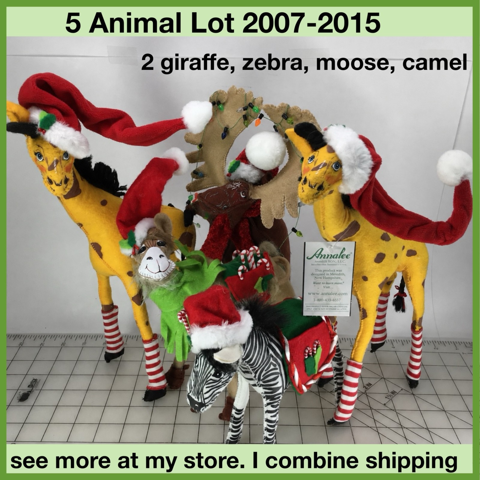 5 Annalee ANIMAL Poseable Christmas Doll giraffe, zebra, moose,camel, 2007-2015 5 Annalee ANIMAL Poseable Christmas Doll giraffe, zebra, moose,camel, 2007-2015