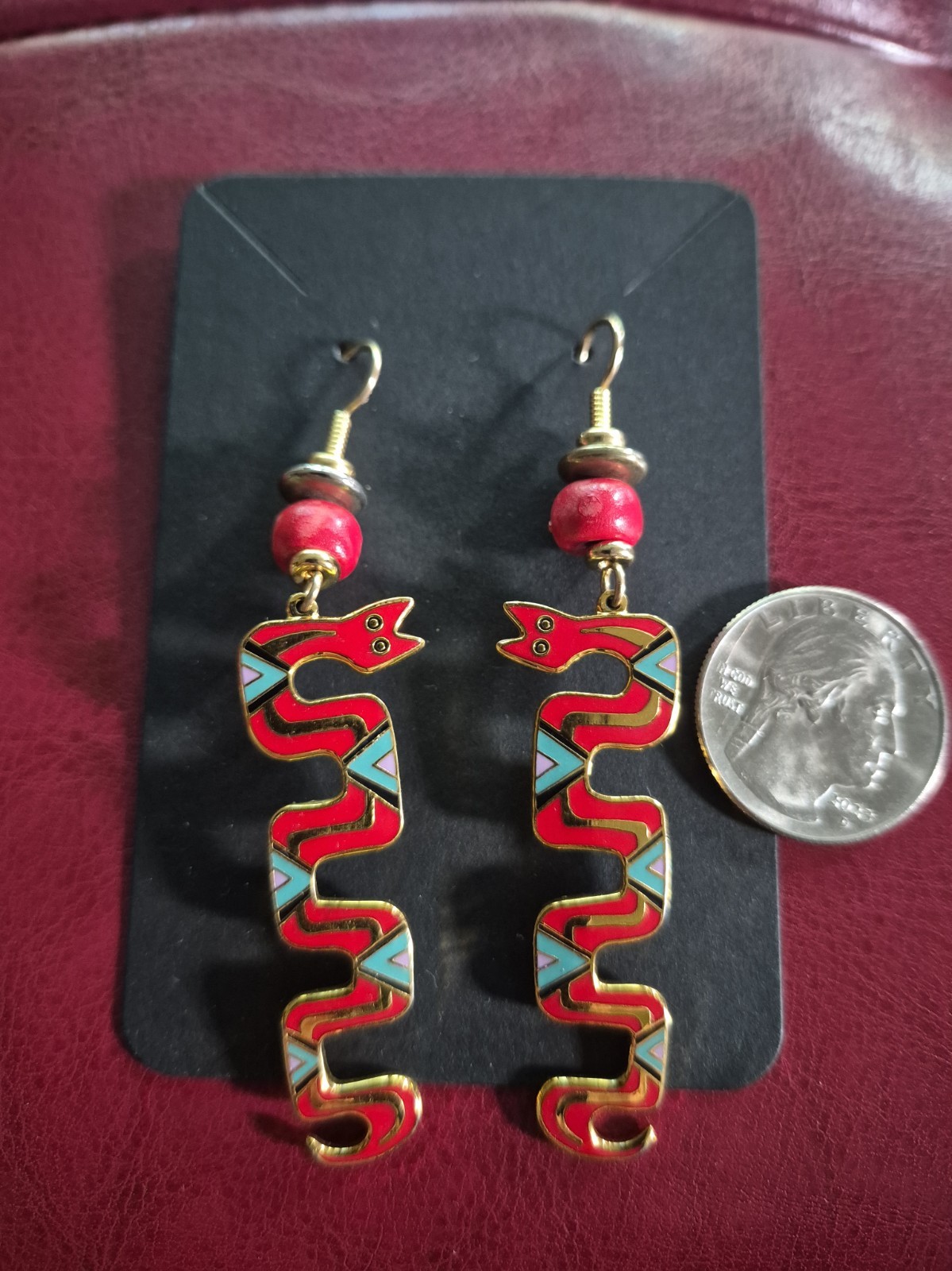 Vintage Laurel Burch Serpent Spirit Gold Tone Enamel Snake Earrings & Red Beads Vintage Laurel Burch Serpent Spirit Gold Tone Enamel Snake Earrings & Red Beads
