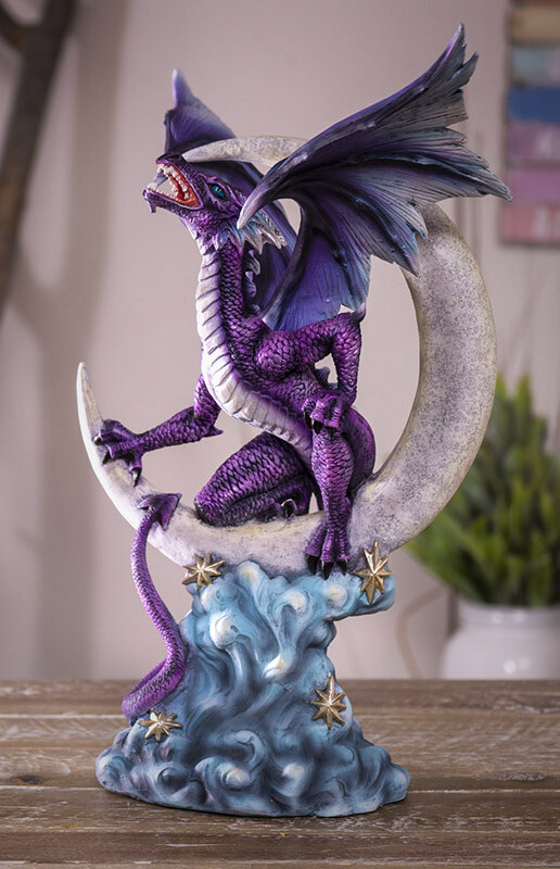 Night Voyager Purple Dragon Perching On Crescent Moon Stars And Clouds Figurine Night Voyager Purple Dragon Perching On Crescent Moon Stars And Clouds Figurine