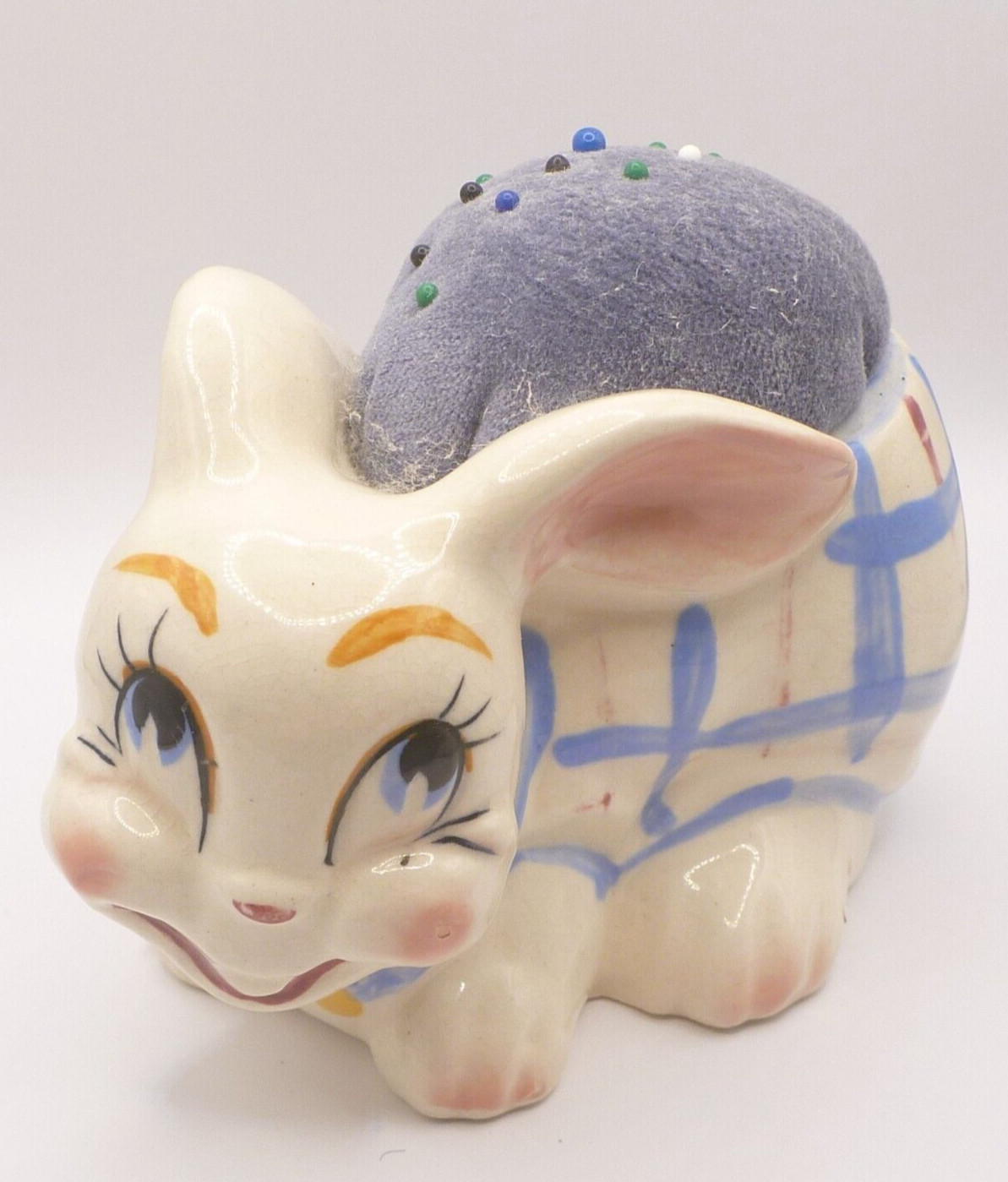 Vintage Anthropomorphic Ceramic Bunny Rabbit Pin Cushion Planter Made in Japan
