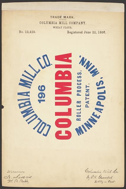 Columbia Mill Co Minneapolis Minnesota 1886 Wheat Flour Trademark Logo