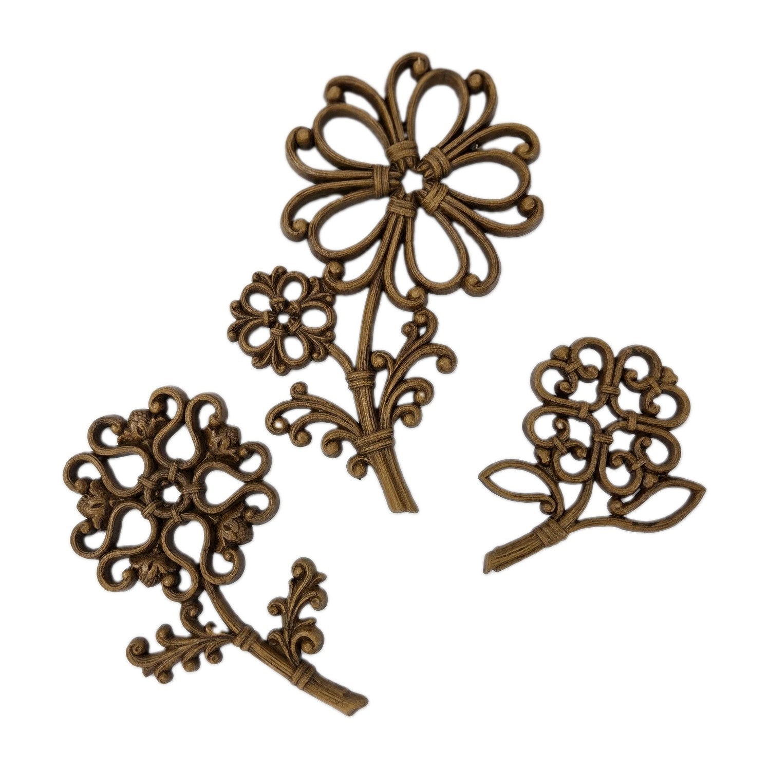 VTG Homco 3 Faux Rattan Wood Grain Flowers 1978 Small Wall Hanging Decor 7560