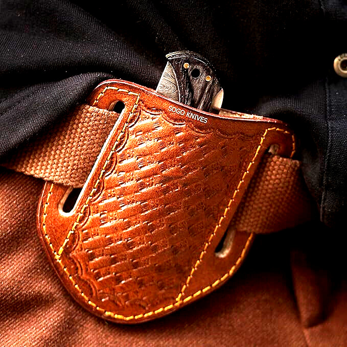 EDC CUSTOM HANDMADE COW ENGRAVED PANCAKE LEATHER SHEATH FOLDING KNIFE 1713