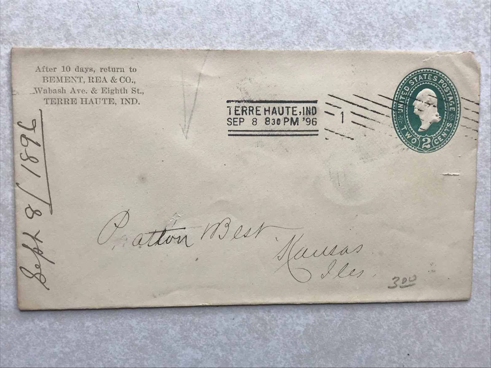 Bement, Rea & Co. Terre Haute IN Envelope Letterhead Postal Cover EN3028