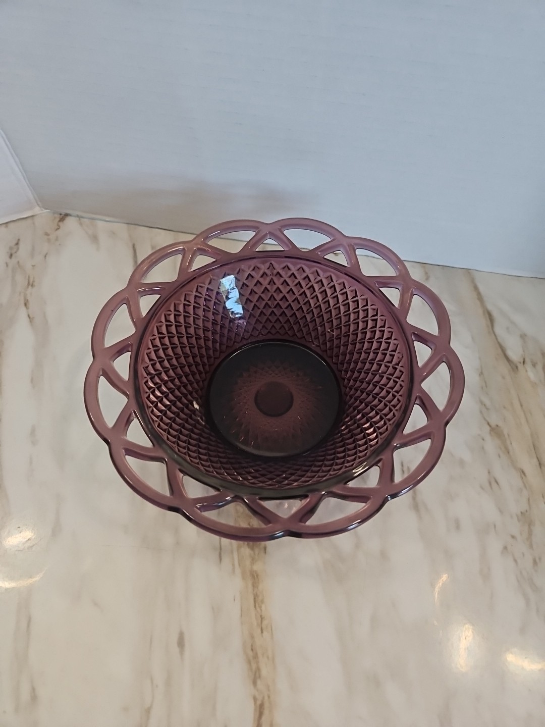 Purple Plum Amethyst Art Glass  Bowl Diamond Pattern lattice edges Decor Dish