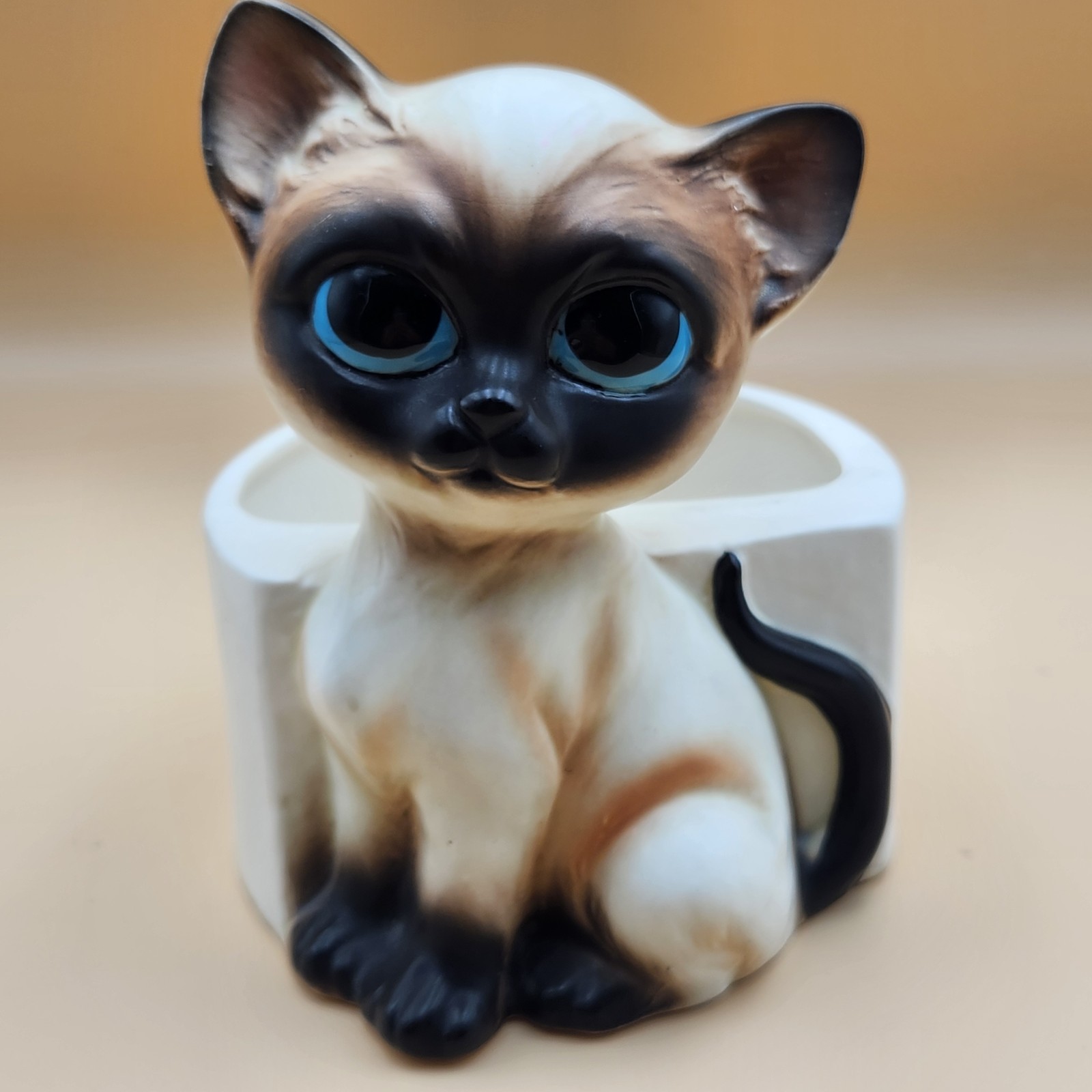 Lefton Vintage Siamese Cat Planter Big Head Blue Eyes Ceramic Japan MCM H6974 
