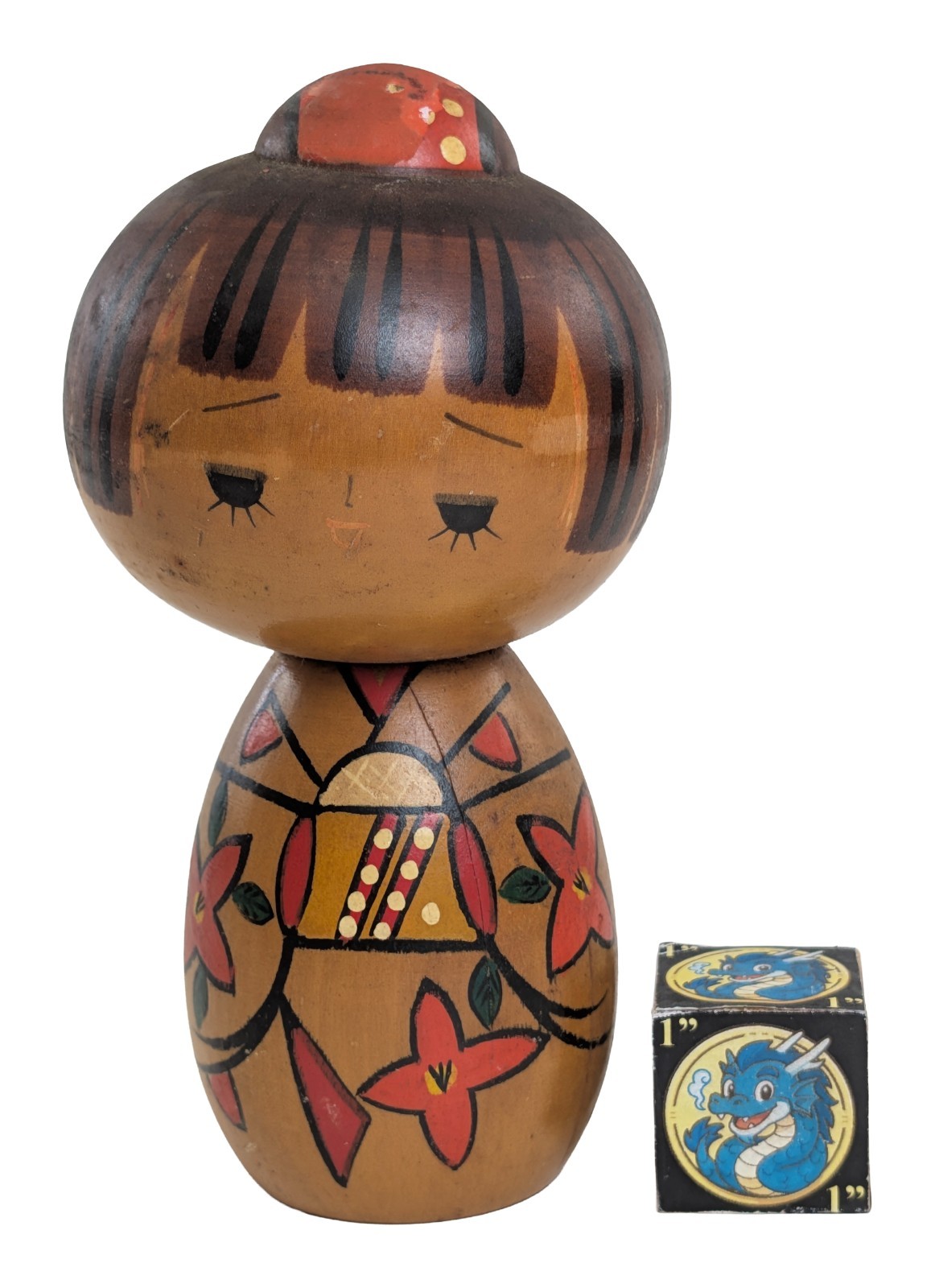 Vintage Creative Kokeshi Doll Girl w/ Floral Design from Sogen Store, 13cm 5.1\