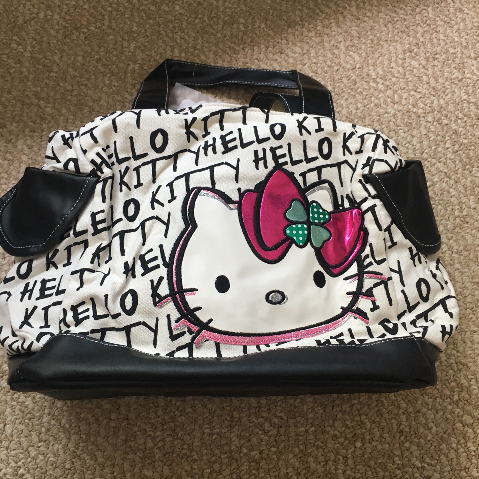NWT Vintage Hello Kitty Sanrio White Black Fabric Tote Bag Purse 4 Leaf Clover