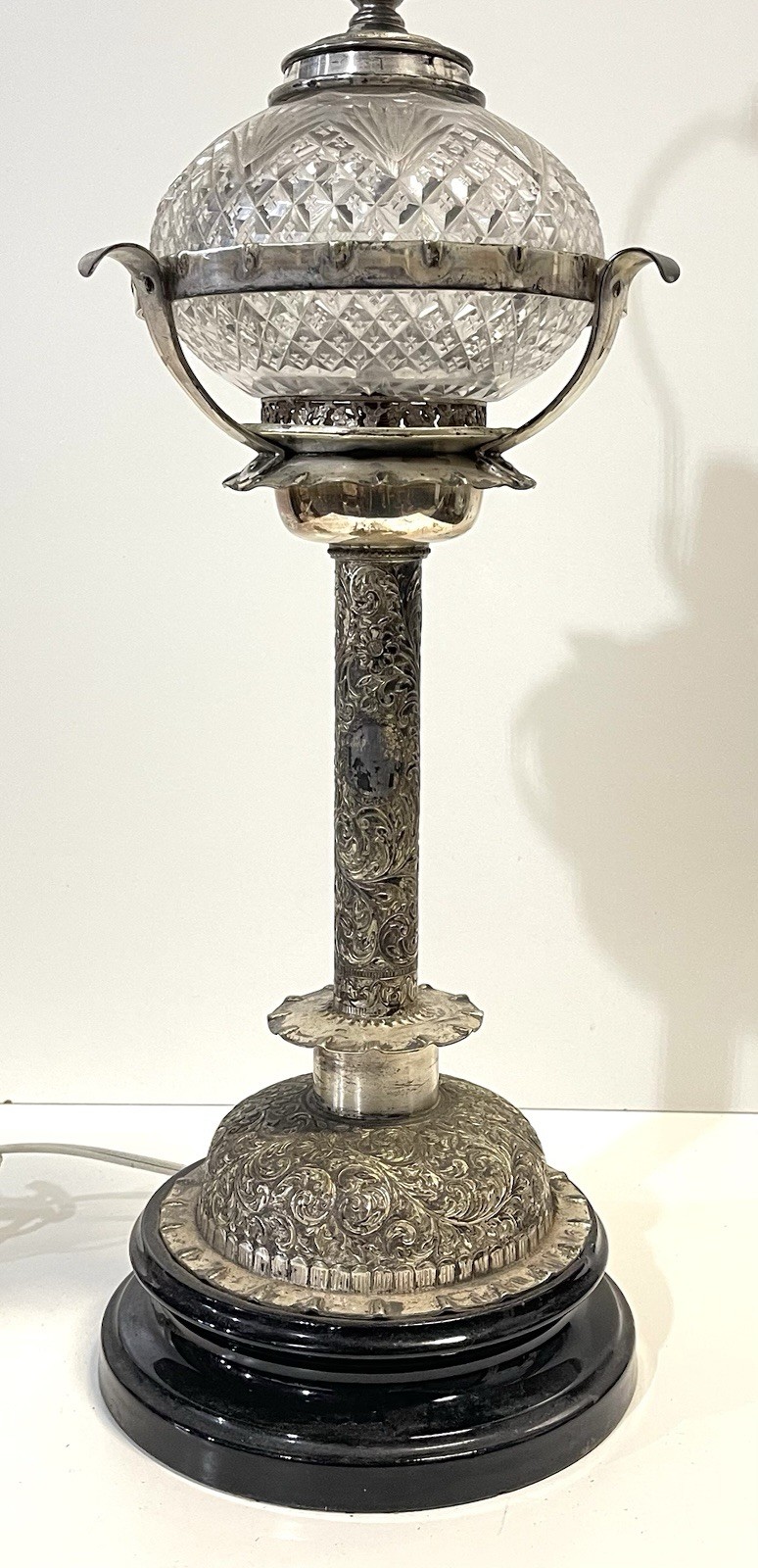 Antique Hukin and Heath Ornate Silver Plated Oil Lamp Electrified Table Lamp