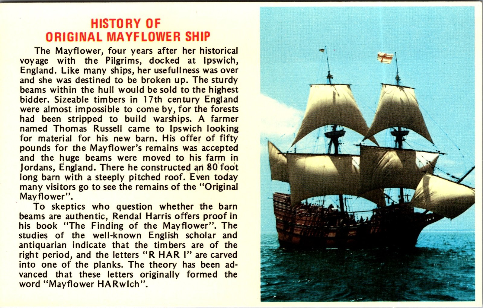 Vintage Postcard History of Original Mayflower Ship Mike Roberts Published
