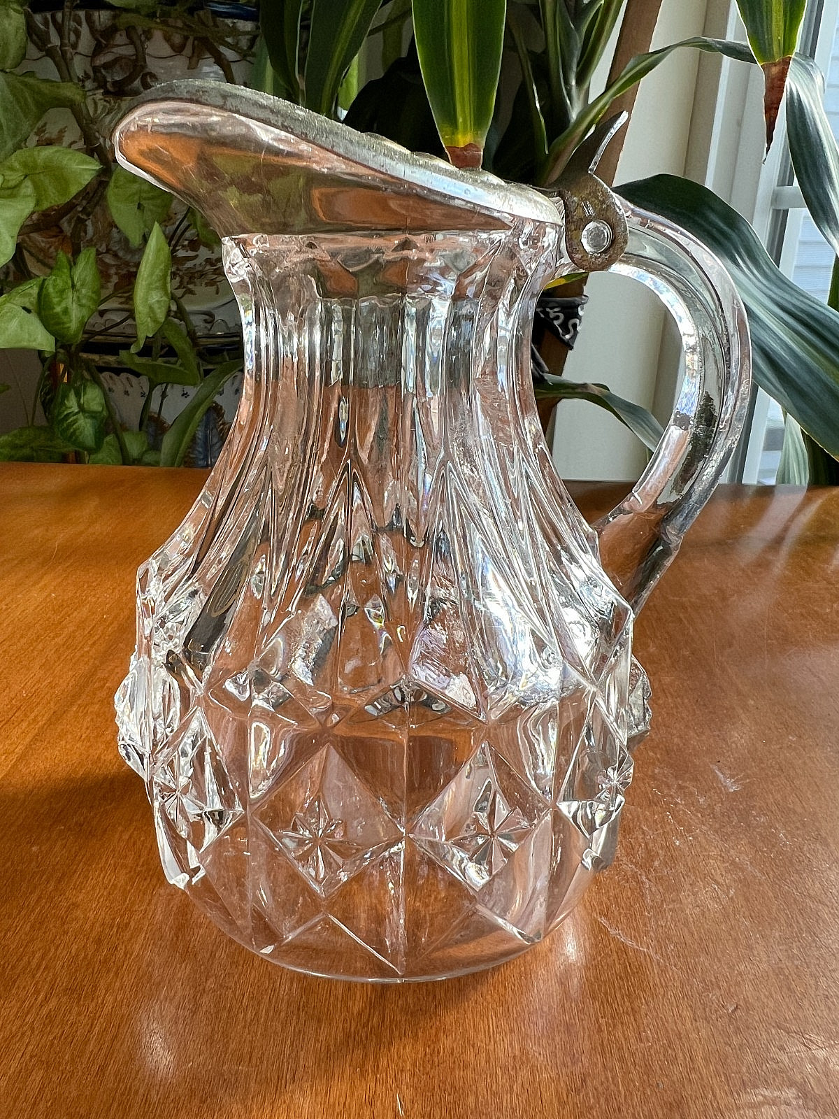 Early  to Mid 20th C. Syrup Pitcher; Pressed Glass; Diamonds; 6\